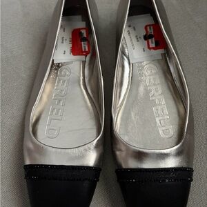 Karl Lagerfeld Silver & Black Square Toe Ballet Flats, Sz 7.5M